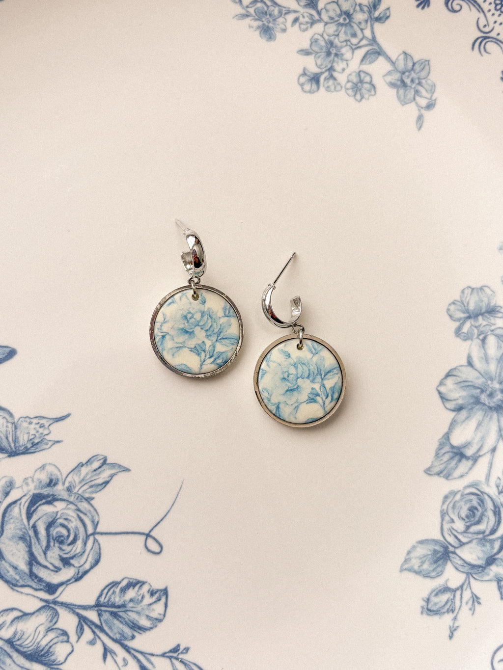 Blue Floral Circle Earrings
