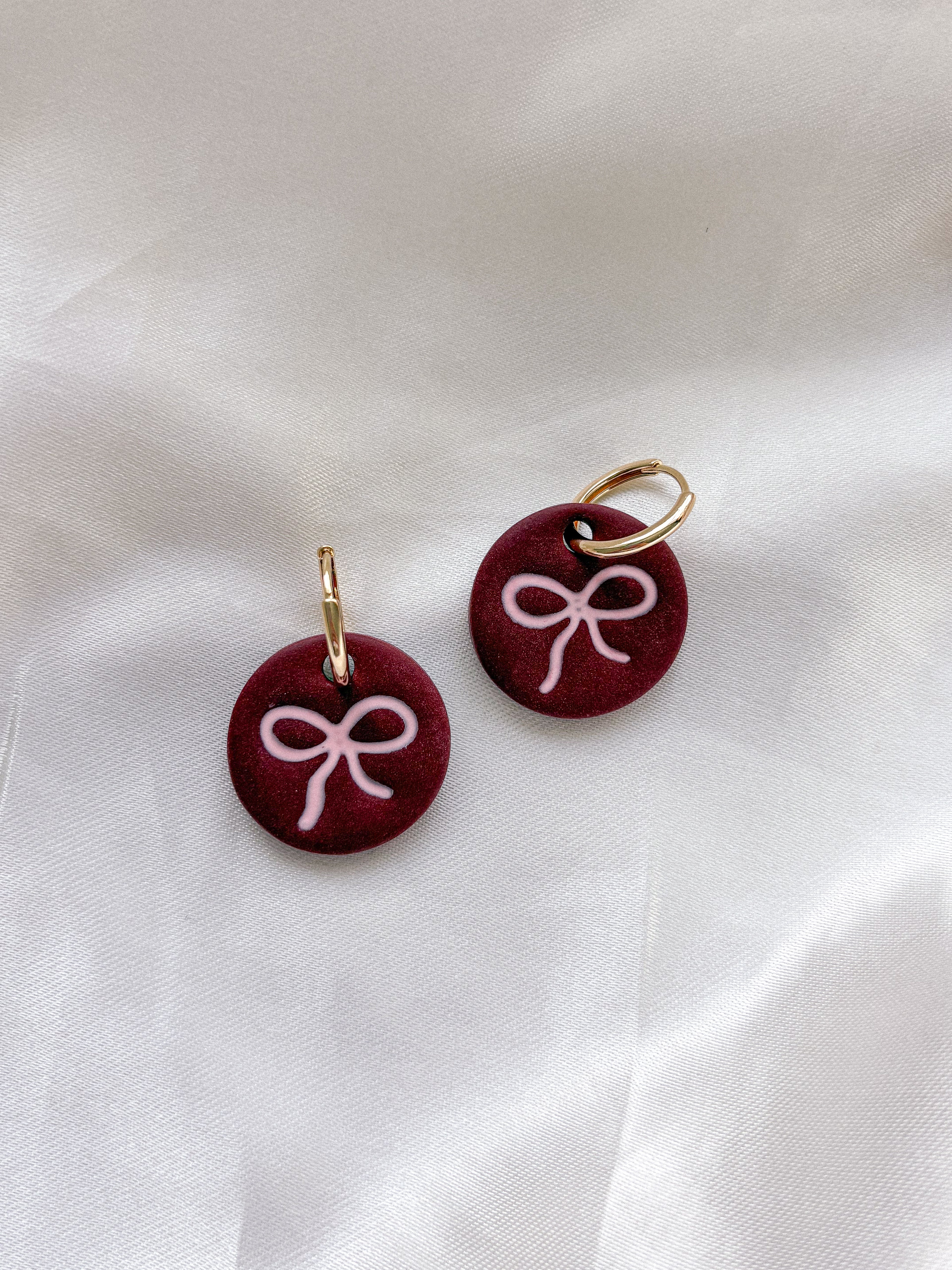 Burgundy Bow Pendant Earrings